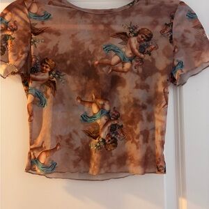 Brown and Red Fitted Crop Top with Cartoon Cherubs